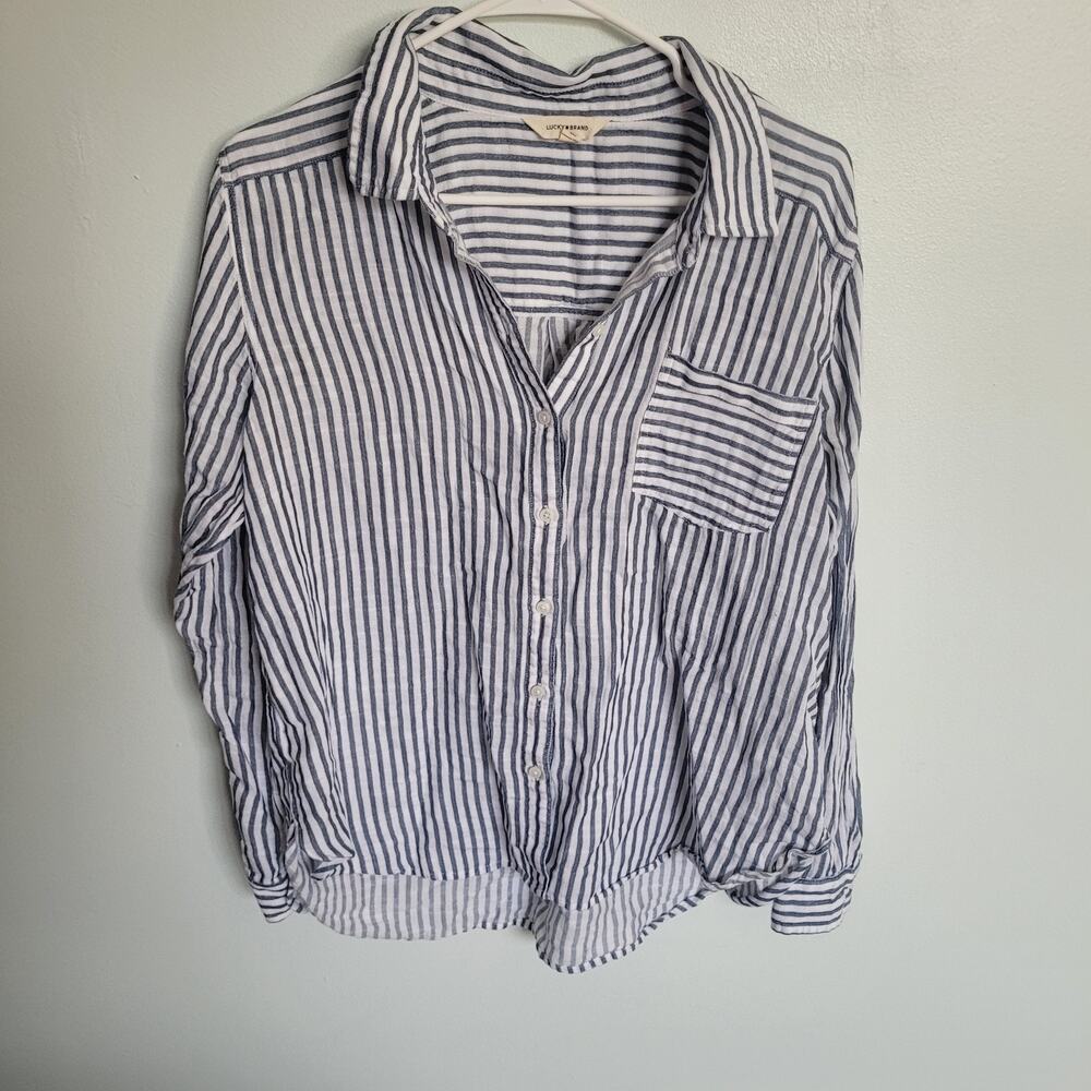 Lucky Brand Womens L Navy Blue/White Stripe Button Down Collared Shirt